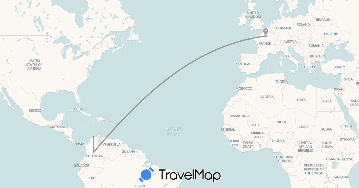 TravelMap itinerary: bus, plane, hiking in Colombia, France (Europe, South America)