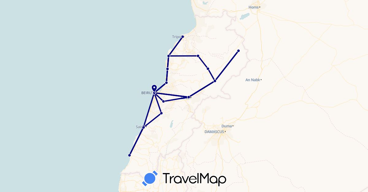 TravelMap itinerary: driving in Lebanon, Syria (Asia)